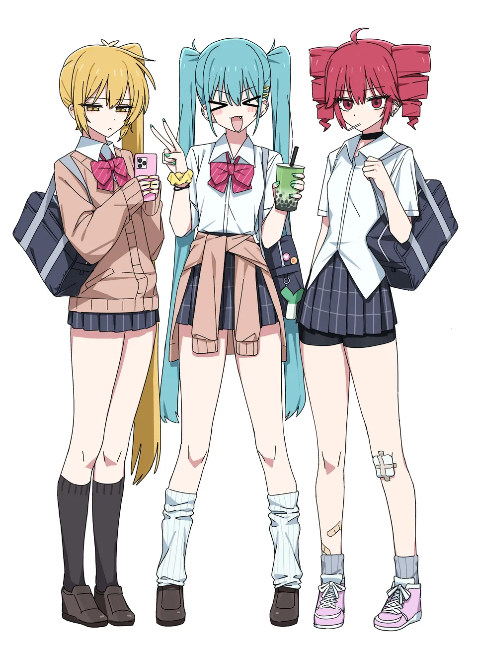 三位少女角色并肩合影的插画